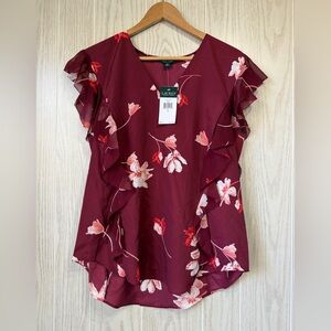 Lauren Ralph Lauren Floral Print Ruffled Crepe Blouse Dark Red Size L